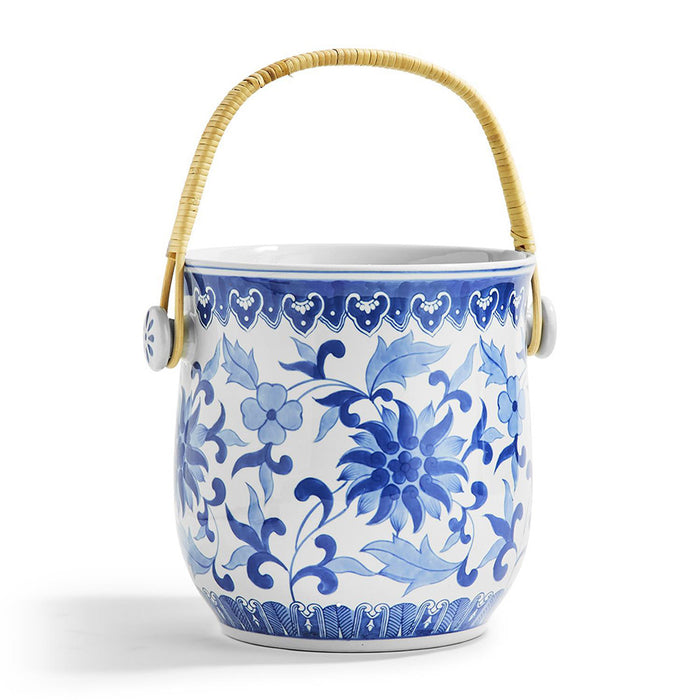 Canton Collection Basket with Woven Cane Handle - Porcelain/Cane